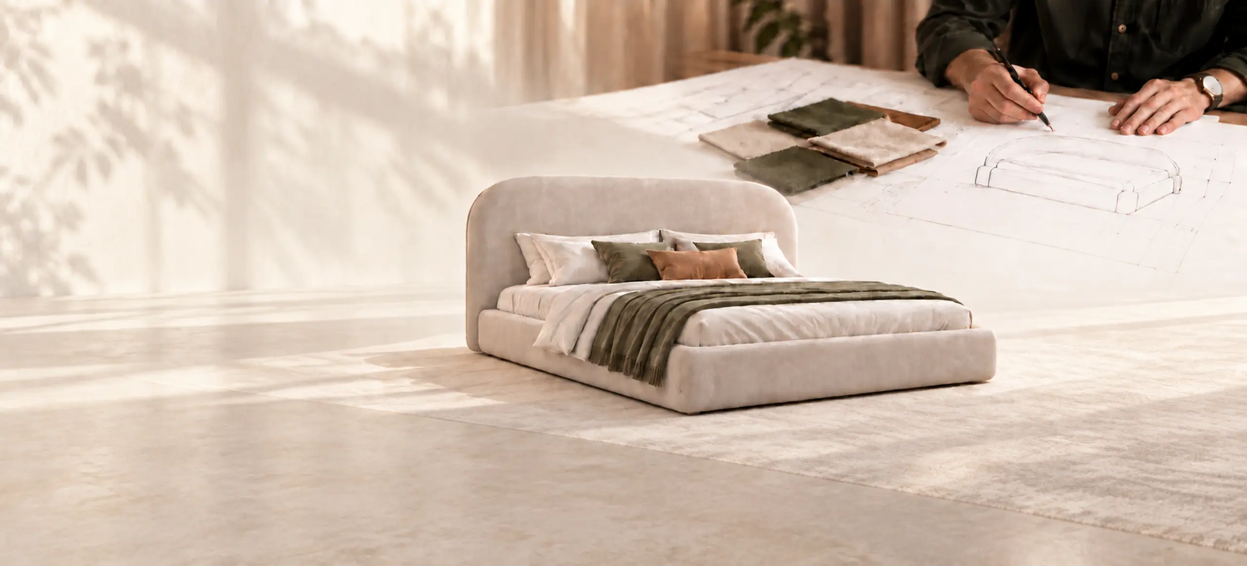 Custom bed with an upholstered headboard