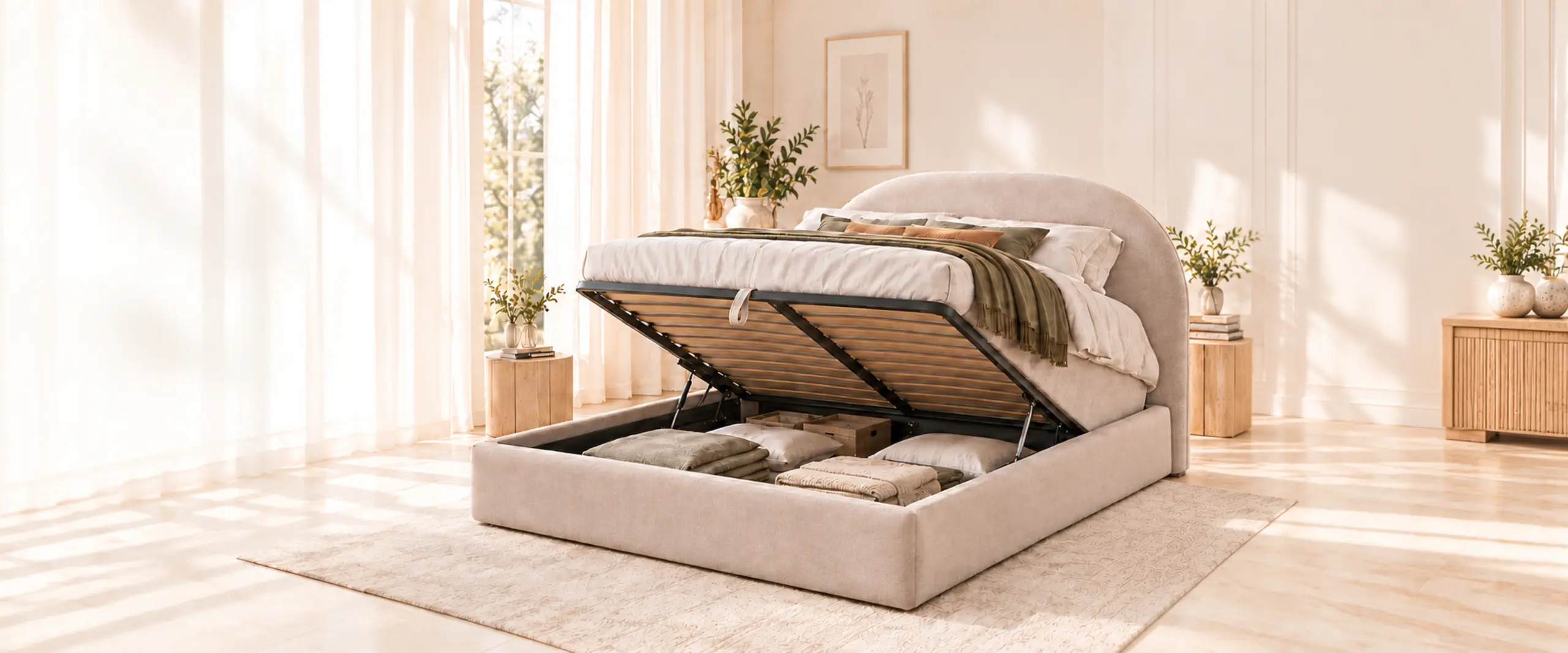 Bed with lift-up storage mechanism